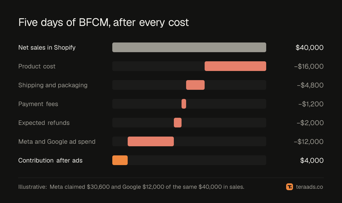 From BFCM net sales to contribution after ad spend, in the worked example