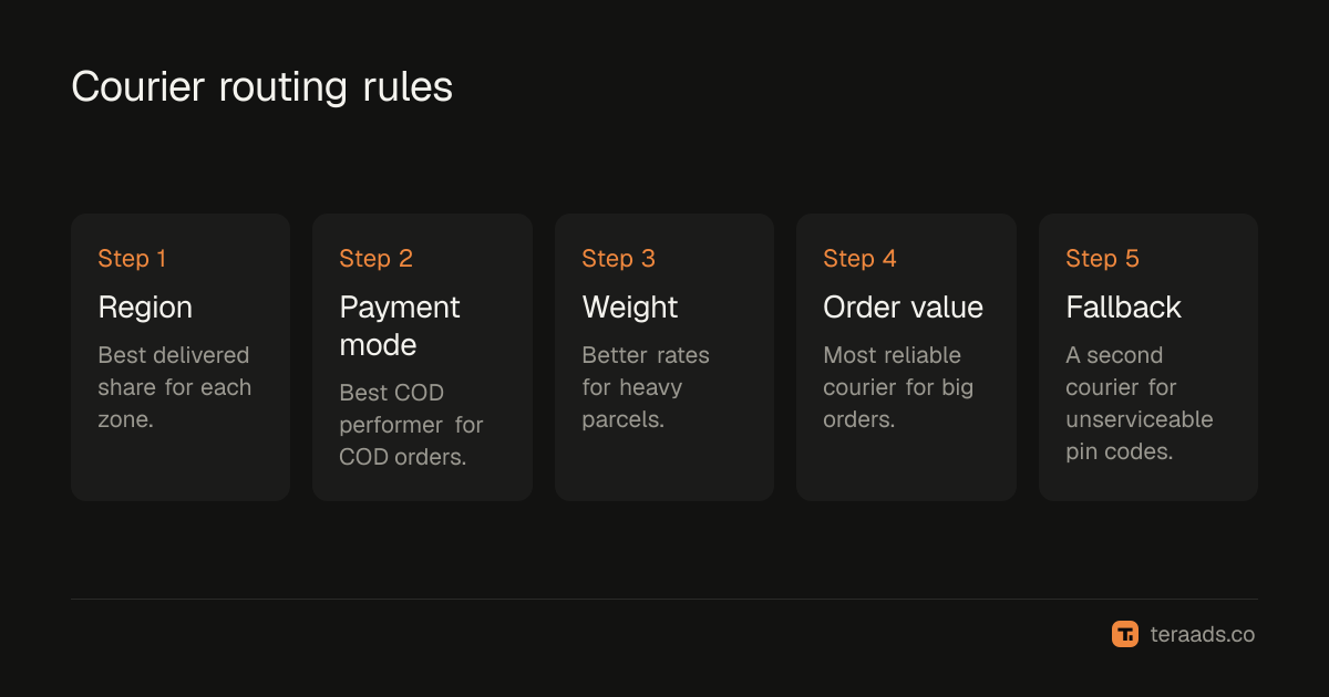 Routing rules: region, payment mode, weight and value